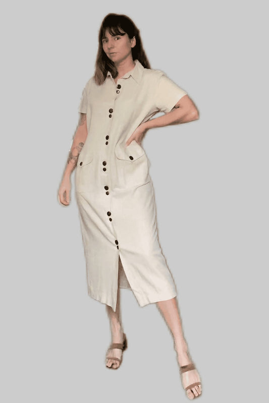 80s Vintage Linen Blend Midi Dress / Size 12 - oh-eco