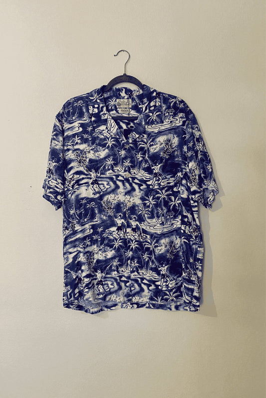 80s Vintage Lucky Brand Blue Hawaiian Button Down Shirt / M - oh-eco